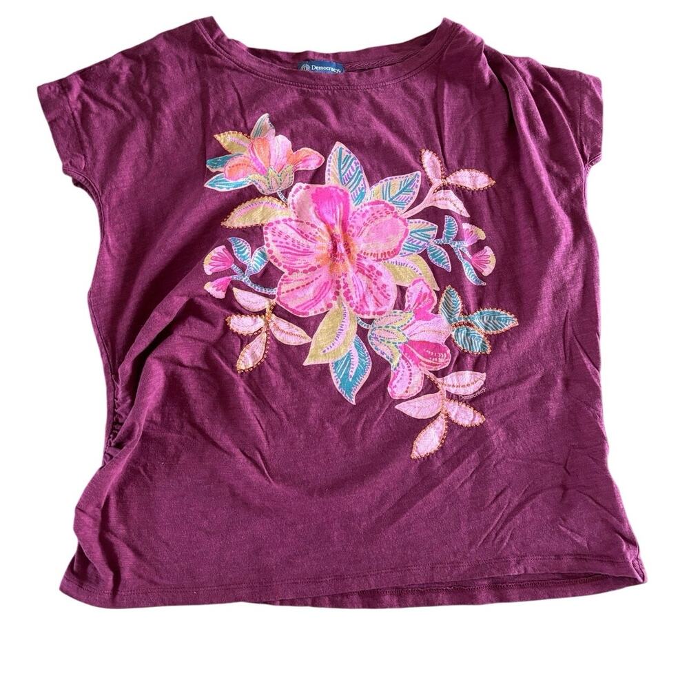 Democracy Womens L Burgundy Floral Embroidered Beaded Dolman Sleeve Top Boho